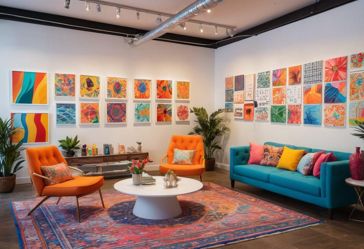 A dynamic scene showcasing a diverse group of Arab-American entrepreneurs in a modern workspace, passionately discussing swimwear designs and business strategies. Bright, colorful swimwear hangs on display around them, while inspirational quotes about entrepreneurship are artistically integrated into the environment. The atmosphere is vibrant, reflecting creativity and empowerment, with digital devices and business charts in the background. super-realistic. vibrant colors. modern art style.